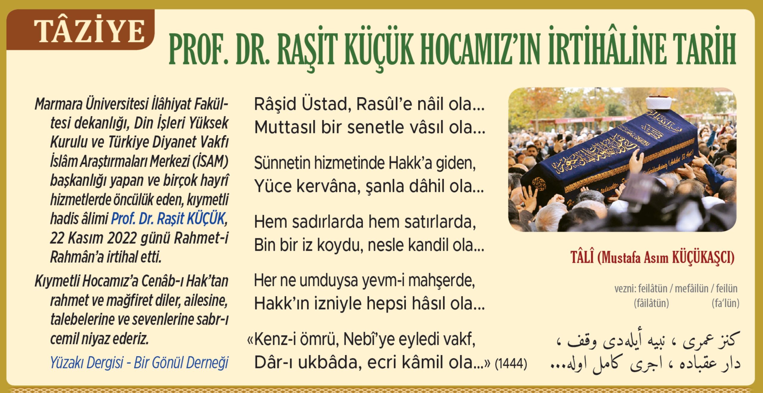 Prof. Dr. Raşit Küçük Hocamızın Vefatına Tarih