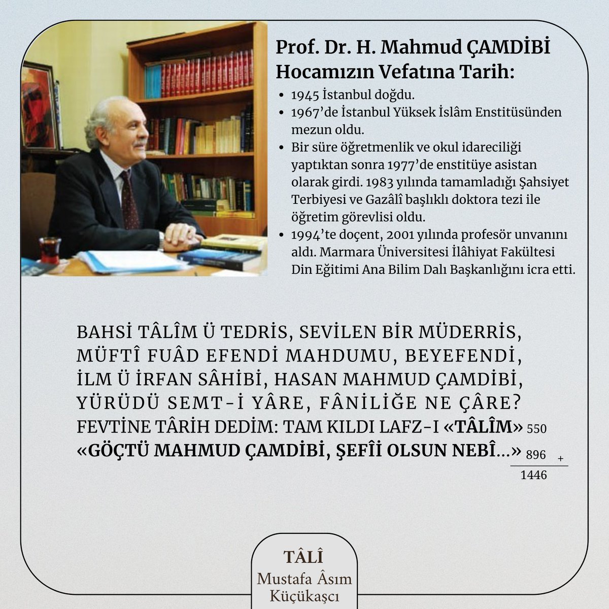 Mahmut ÇAMDİBİ Hocamızın Vefatına Tarih